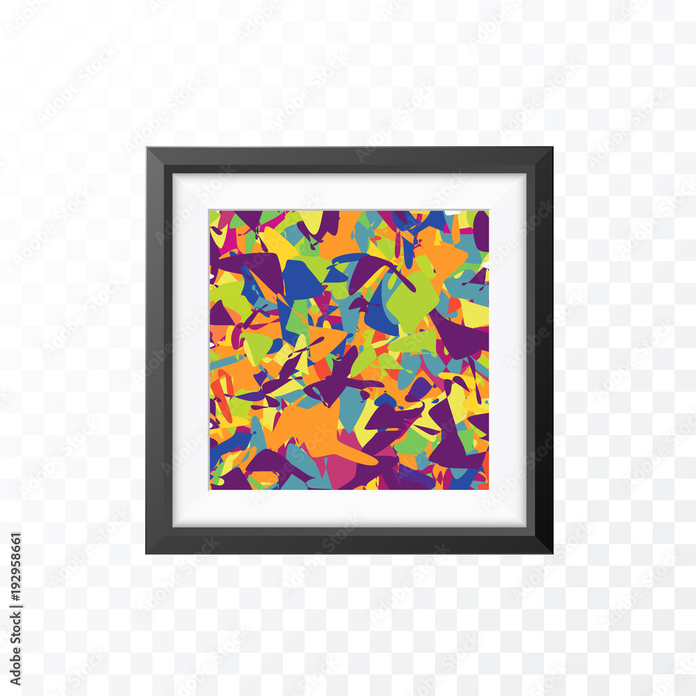 Poster Realistic Minimal Isolated Black Frame with Abstract Art Scene on Transparent Background for Presentations . Vector Elements