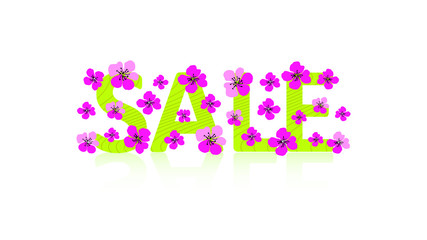 Bright sign. Green text "SALE" and pink flowers. Cute vector illustration. Design floral concept can be used for ad, sale promotion poster, banner, t-shirt print, card, flyer, backdrop, wallpaper