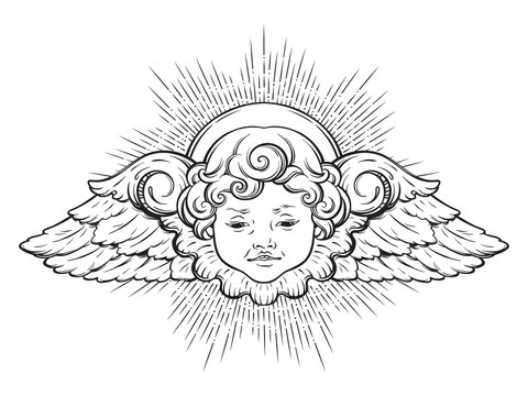 Cherub cute winged curly smiling baby boy angel with rays of linght isolated over white background. Hand drawn design vector illustration