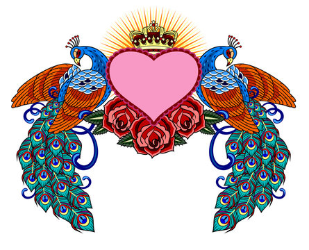 heart, surrounded by peacocks and roses,  old school tattoo image