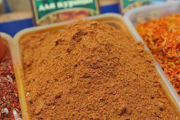 Beautiful and fresh seasoning for chicken, close-up from the seller on the market