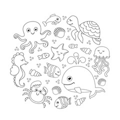 Fototapeta premium Ocean set with cute sea animals. Under the sea round pattern. Linear drawing