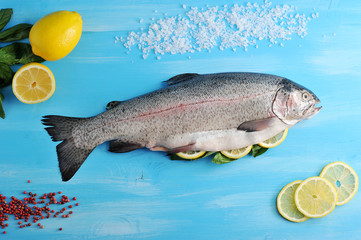 Atlantic large salmon. Salmon with a head, spent, ready to cook. Next to the fish are lemon and individual slices. Salt and pepper are scattered around the salmon. View from above. Close-up.