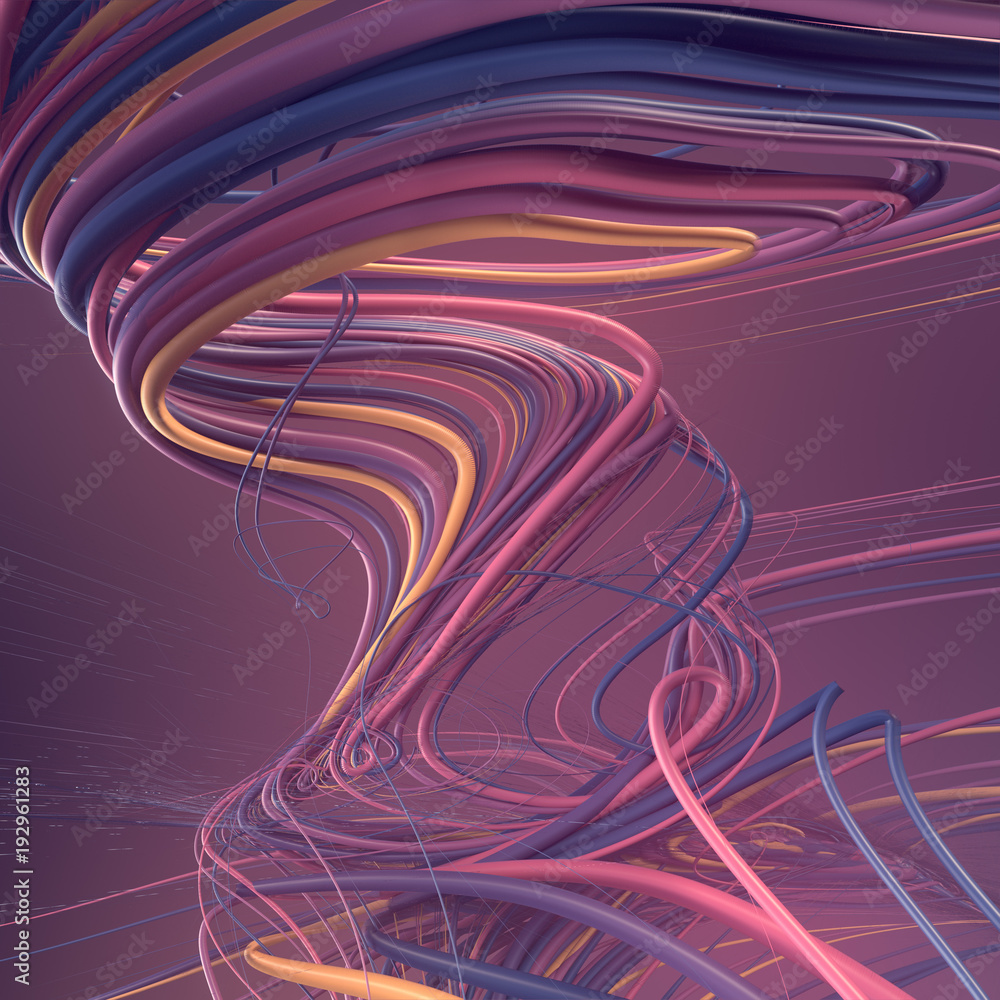 Poster interlacing abstract blue and pink curves. 3d rendering