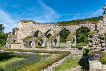 Ruin of a medieval monastery with garden in front