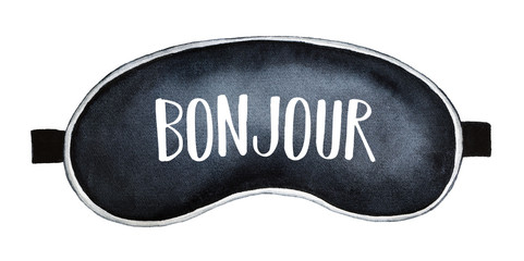 Black Sleeping Mask with written word "Bonjour" ("Hello" in French language, common greeting). Personal accessory, classic textile. Hand drawn watercolour gradient draw on white background, isolate. © Julija