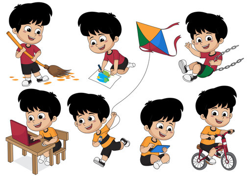Set of kid activity,kid sweeping a leaf,painting a picture,playing on swing,playing a computer,riding a bicycle,playing a kite.vector and illustration.