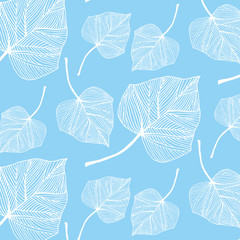 Hand drawn Ivy leaves vector pattern in white and light blue colors palette