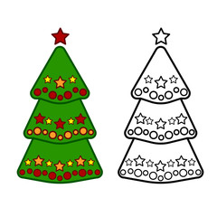 Christmas tree, vector line icons on a white background, coloring.