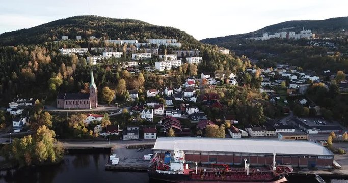 Aerial rotating shot over urban area in Drammen, Norway