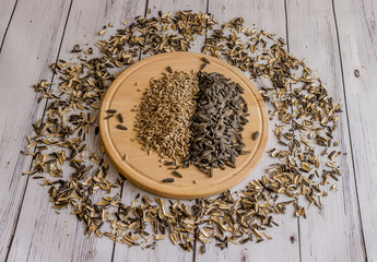 Roasted sunflower and sunflower on wooden plate with hulls around