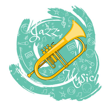 Trumpet. Wind musical instrument. Jazz instruments, on an abstract green background. With additional particles, musical attributes. Vector illustration.
