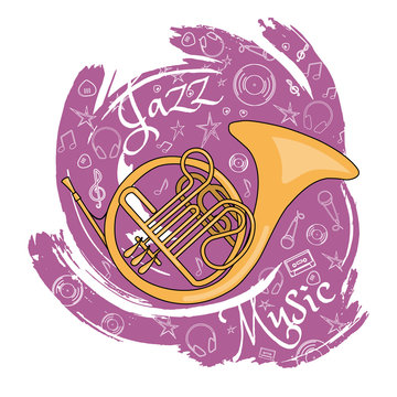 French horn. Wind musical instrument. Jazz instruments, on an abstract red background. With additional particles, musical attributes. Vector illustration.