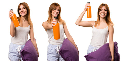 Set of Beautiful girl in pajamas holding an orange juice