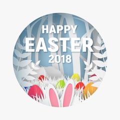 3d abstract paper cut illustration of colorful paper art easter rabbit, grass, flowers and egg hunt.