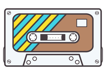 White music tape cassette with stripes, isolated vector design on white background