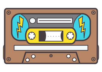 Retro music cassette with rock lightning decoration, isolated vector design on white background