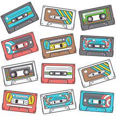 Colorful seamless pattern with music tapes, retro vector design on white background