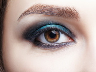 Fototapeta premium Closeup macro shot of human female eye. Woman with natural evening vogue face beauty makeup