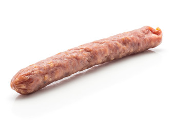 Hungarian dry sausage pepperoni isolated on white background one smoked in natural casing mixed pork beef.