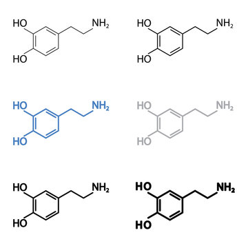 Dopamine molecular structural chemical formula set. Vector icon.