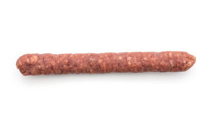 Hungarian dry sausage pepperoni top view isolated on white background one smoked in natural casing mixed pork and beef.