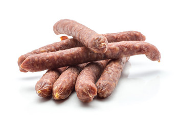 Hungarian dry sausages pepperoni set isolated on white background smoked in natural casing mixed pork beef.