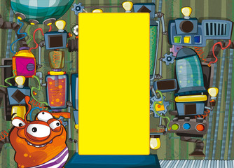 cartoon scene with some strage computer machinery like laboratory or factory with alien creature - space for text - illustration for children