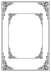 Ornate black rectangular frames. A4 and Letter proportions. Page decoration, corner element. 