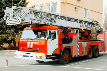 the fire truck is standing in the open air. The concept of fire. Rescue 911