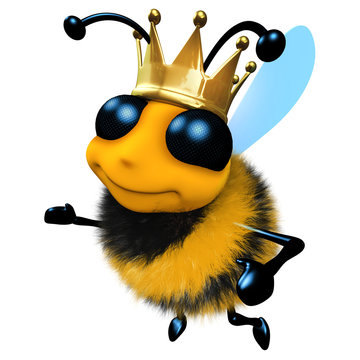 3d Funny cartoon honey bee character wearing a royal gold crown