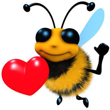 3d Funny cartoon honey bee character holding a romantic red heart