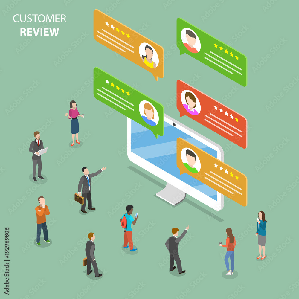Poster customer review flat isometric vector concept. speech bubbles with customer comments are popping out
