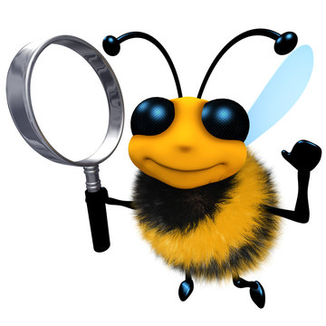 3d Funny cartoon honey bee character holding a magnifying glass