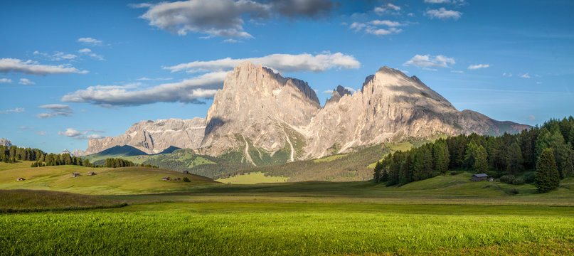 Alpine scenery in the Dolomites with Langkofel mountain summit at Alpe di Siusi at sunset, South Tyrol, Italy