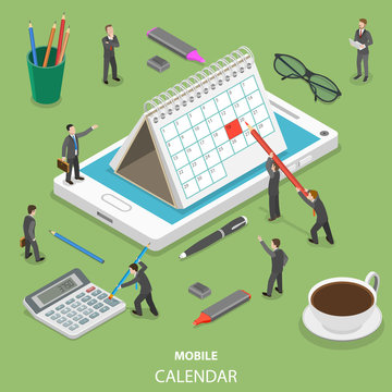 Mobile calendar flat isometric vector concept. People are making some marks on the paper calendar that is standing on the mobile phone.