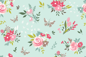 Seamless pattern with flowers and butterfly. Vector floral background - 192970407
