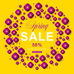 Fototapeta na wymiar March 8 poster with purple paper cut flowers on yellow background. Floral pattern. Can be used for promotions, posters, brochures, tickets, flyers, template, mockup. Spring sale.