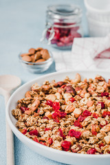 Cranberry coconut granola on light blue background. Selective focus, copy space.
