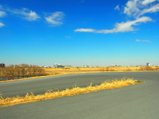 サイクリング道路のある江戸川土手風景