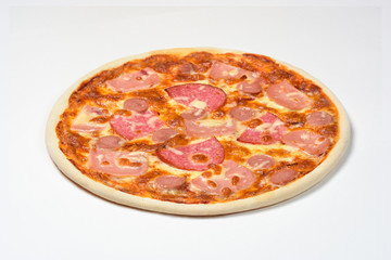 Pizza with smoked sausage, sausage and mozzarella on a white background