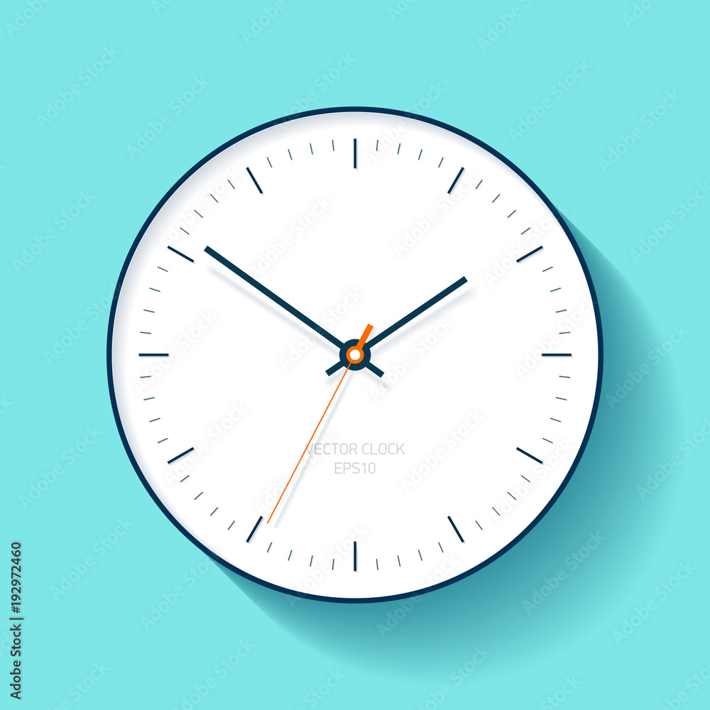 Poster simple clock icon in flat style, minimalistic timer on turquoise background. business watch. vector 