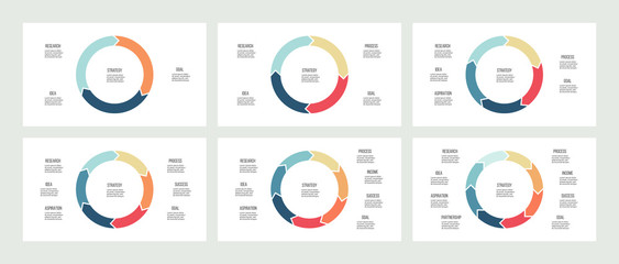 Business infographics. Circles with 3, 4, 5, 6, 7, 8 steps, arrows. Vector templates.