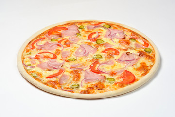 Pizza with gherkins, cheese and carbonate on a white background