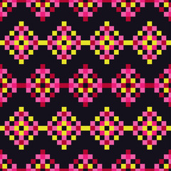 Seamless vector background with Norwegian snowflakes. The texture of the primitive snowflakes. Pixel snowflakes. Winter pattern. Textile rapport.