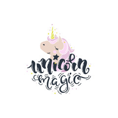 Fototapeta na wymiar Cute vector unicorn. Magic character with pink mane surrounded by star dust and with hand lettering. Funny animal for patches, stickers, cards, t-shirts and other funny design. Believe in miracles!