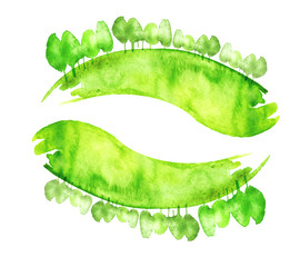 Watercolor autumn, summer forest, silhouette of trees, bushes. Field. Country view. Postcard, logo, card. Drawing of green trees a white isolated background. Round element, logo, ecological picture.