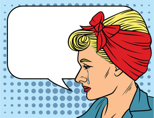 Vector illustration of woman's face in pop art style over dot pattern background. Pretty woman in retro style is crying.