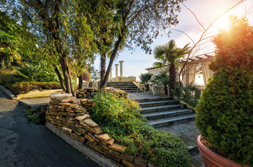 Южная растительность на берегу Черного моря A staircase in a cafe on the Black Sea coast