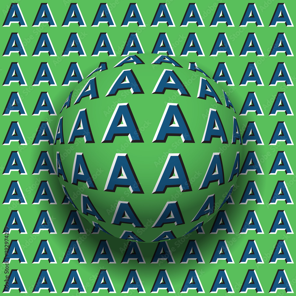 Poster letters a patterned sphere rolling along the same surface. abstract vector optical illusion illustra
